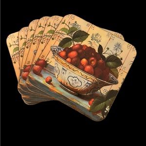 Pimpernel Made In England Strawberries In A Bowl Six (6)4” Cork Backed Coasters